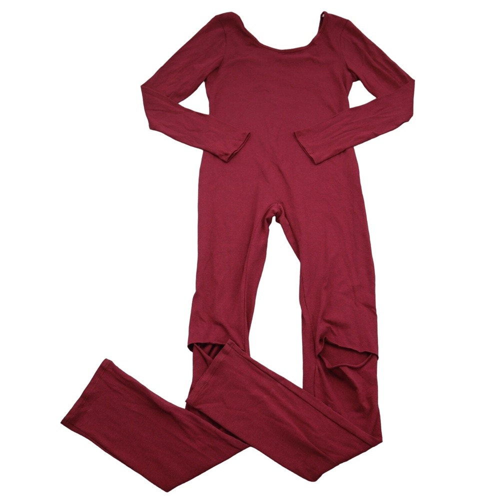 Many Many Jumpsuit Womens M Red Plain Long Sleeve Scoop Neck Distressed Knee